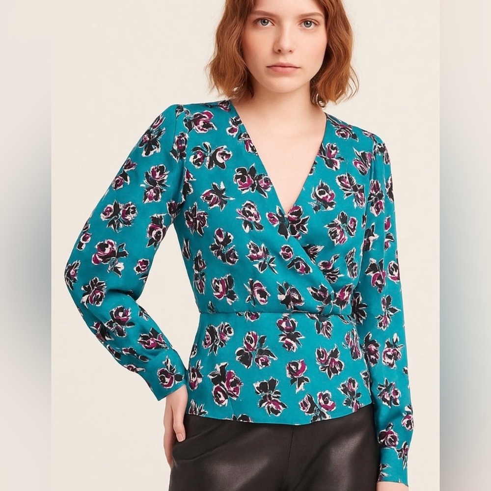 The Kooples Rock Roses Teal Floral Faux Wrap Blouse NWT $245 Sz 0 (US XS)
